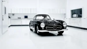 schwarzer Mercedes Oldtimer in heller Werkstatt
