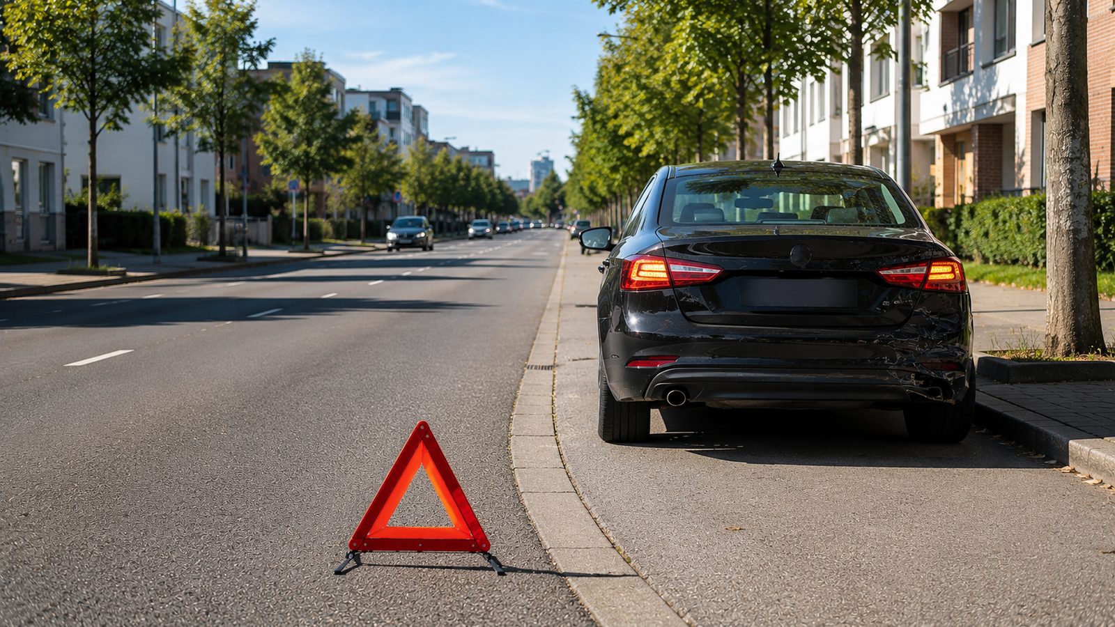 Warndreieck sichert Unfallstelle nach Verkehrsunfall